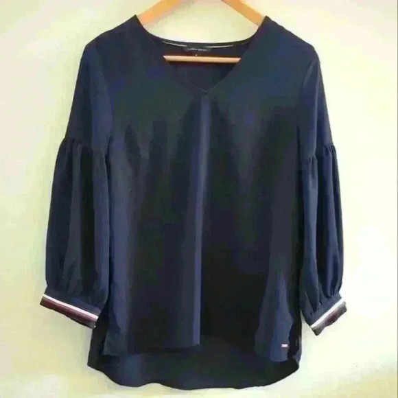 TOMMY HILFIGER | Women's Navy V-Neck Balloon Sleeve Blouse - Picture 1 of 4